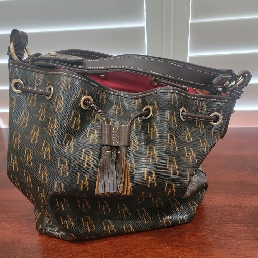 Dooney & Bourke Brown Monogram Shoulder Bag with Leather Trim